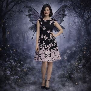 Whimsigoth Knit Dress cap sleeve fit & flare black/ Pink blush floral sz 4